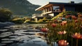 Organic Mountain Ridge And Water Lillies: A Rich And Immersive Unreal Engine Artwork