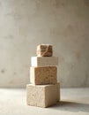 Organic mycelium blocks stack for sustainable design. Natural beige rough texture material forms eco friendly structure. Square Royalty Free Stock Photo
