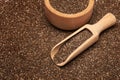 Organic natural chia seeds, wooden scoop and bowl close-up Royalty Free Stock Photo