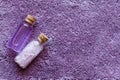 Organic natural cosmetics, lavender salt and essence. Royalty Free Stock Photo