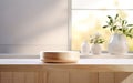 Organic natural eco concept. Empty wooden podium with plants on table over blurred bathroom background for product placement, Royalty Free Stock Photo