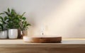 Organic natural eco concept. Empty wooden podium with plants on table over blurred bathroom background for product placement, Royalty Free Stock Photo