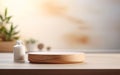 Organic natural eco concept. Empty wooden podium with plants on table over blurred bathroom background for product placement, Royalty Free Stock Photo