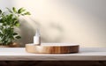 Organic natural eco concept. Empty wooden podium with plants on table over blurred bathroom background for product placement, Royalty Free Stock Photo