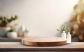 Organic natural eco concept. Empty wooden podium with plants on table over blurred bathroom background for product placement, Royalty Free Stock Photo