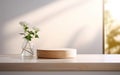 Organic natural eco concept. Empty wooden podium with plants on table over blurred bathroom background for product placement, Royalty Free Stock Photo