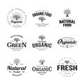 Organic natural and healthy farm fresh food retro emblem set.