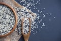 Organic natural sesame seeds wooden spoon. toasted sesame seeds. Raw, whole, unprocessed. Natural light. Selective focus Royalty Free Stock Photo