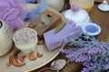 Organic natural soap, aroma salt, spa handmade artisan cosmetics with lavender Royalty Free Stock Photo