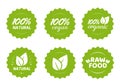 Organic natural, vegan and raw food nutrition icon label vector stickers with leaves set, 100 percent healthy meal Royalty Free Stock Photo