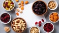 Organic nuts and dried fruit in small bowls leaving a clean space in the middle for writing Royalty Free Stock Photo