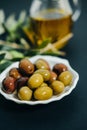 Organic Olives, virgin oil and green branch on black background