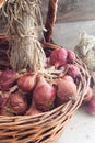 Organic onion in a basket on a wooden background Royalty Free Stock Photo