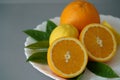 Organic orange and lemon on white plate with the gray background Royalty Free Stock Photo