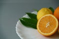 Organic orange and lemon on white plate with the gray background Royalty Free Stock Photo