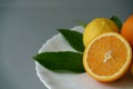 Organic orange and lemon on white plate with the gray background Royalty Free Stock Photo