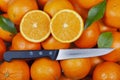 Organic oranges with one cut in half on top of leaves and a knife