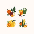 Organic papercut vegetables. Colored farm vegetables compositions. Pepper, pumpkin, tomato, corn, fennel, beet. Vector