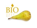 Organic pear and emblem isolated over white. Bio fruits are healthy.