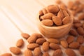 Organic peeled brown almonds in wooden bowl on wood table. concept of vegan raw ingredient for vegetarian, snack and healthy food Royalty Free Stock Photo