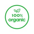 Organic 100 percent green circle sticker with leaf. Design element for packaging design and promotional material. Vector