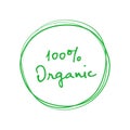 Organic 100 percent handwritten green badge. Design element for packaging design and promotional material. Vector
