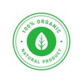 Organic 100 percent natural product green circle sticker with symmetrical leaf. Design element for packaging design and