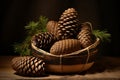 Organic pine cones, nut varieties and nut butter, nutritious ingredients for healthy lifestyle dark background