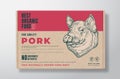 Organic Pork Meat Vector Food Packaging Label Design on a Craft Cardboard Box Container. Modern Typography and Hand