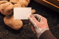 Organic potato farmer holding blank business card mock up Royalty Free Stock Photo