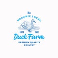 The Organic Poultry Farm Abstract Vector Sign, Symbol or Logo Template. Hand Drawn Duck Silhouette and Countryside Rural