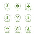 Organic product line icons set. Allergen free badges. Organic cosmetic stickers. GMO free emblems. Dietary food. Natural