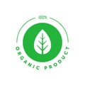 Organic product 100 percent green circle sticker with symmetrical leaf. Design element for packaging design and