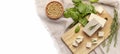 Organic products. Tofu from soybeans on linen tablecloth Royalty Free Stock Photo