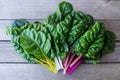 Organic rainbow chard: spray-free leafy greens in fan arrangement on rustic wooden background