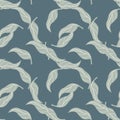 Organic random tangerine leaves seamless doodle pattern. Botanical print with pastel blue background