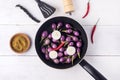 Organic Raw Baby Indian Eggplants in a Pan Top View Flat Lay Raw Eggplants Wooden Background Royalty Free Stock Photo