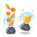 Organic raw carrot and orange shake. Food processor, mixer, blender and fruit. Vector smoothie illustration.