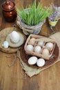 Organic raw chicken eggs in egg box on old style wooden background Royalty Free Stock Photo