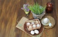 Organic raw chicken eggs in natural egg box and meadow flowers Royalty Free Stock Photo