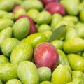 Organic raw olives closeup, mediterranean food background