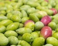 Organic raw olives closeup, mediterranean food background