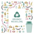 Organic recycling card with organic garbage, dumpster and lettering