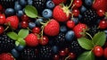 Organic red raspberry berries with leaves, strawberries, blueberries, currants copy space, grocery, farm harvest advertising