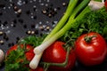 Organic Red Tomatoes on the vine, Curly Parsley, Green Scallions, Garlic, Rainbow Peppercorns and Sea Salt arranged on natural sto