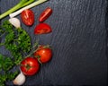 Organic Red Tomatoes on the vine, fresh Curly Parsley, Green Onion Scallions and Garlic arranged on natural black stone Royalty Free Stock Photo