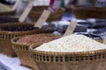 Organic rice collection in the Bamboo basket Royalty Free Stock Photo