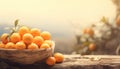 Organic ripe orange tangerine crop or citrus harvest in basket on wood against garden background