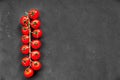 Organic ripe raw cherry tomatoes on a long branch on black texture background. Free space on the right side.