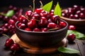 Organic ripe red cherries in a beautiful bowl ready for snacking